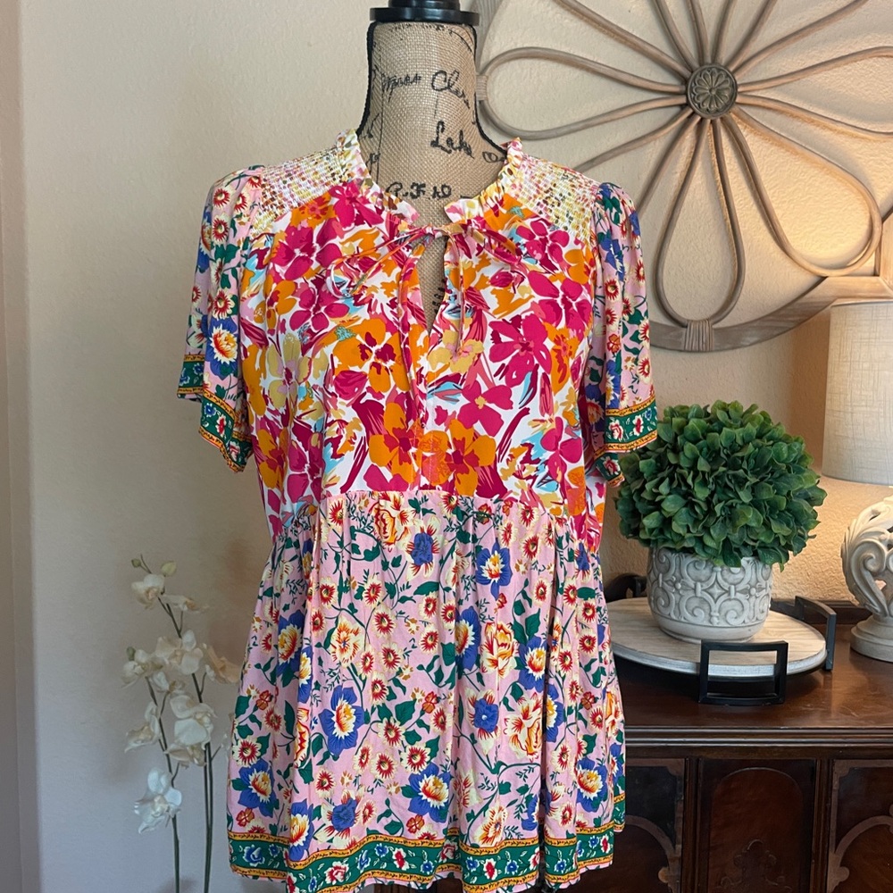 Umgee Pink Floral Blouse with Green Trim